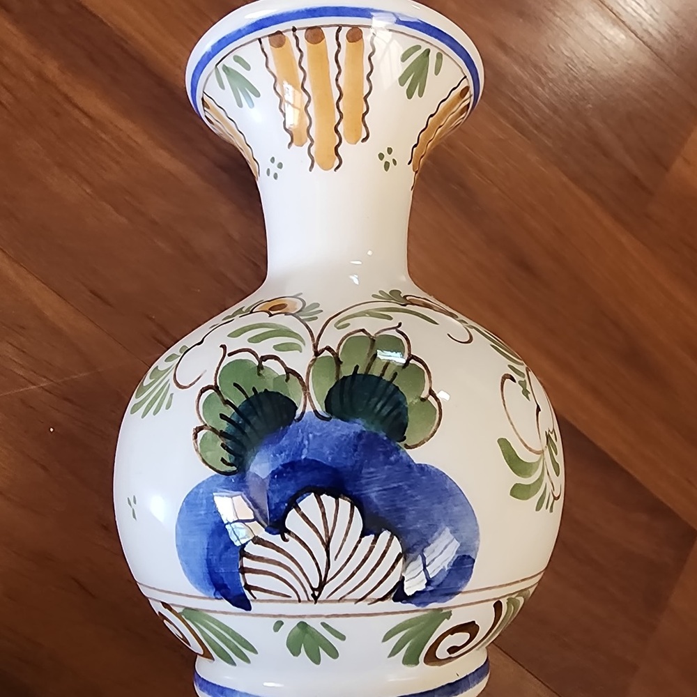 Hand-Painted Ceramic Vase with Blue and Green Floral Design